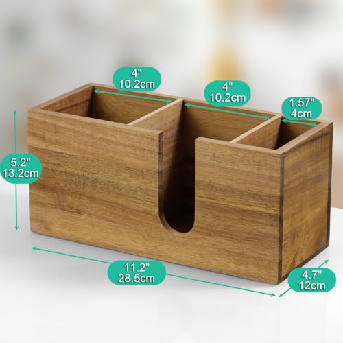 Large Acacia Wood Coffee Cup Organizer for Disposable Cups, Lids and Stir Sticks - 3-Compartment Countertop Cup Holder Storage Rack for Coffee Station, Kitchen, Office - view 7