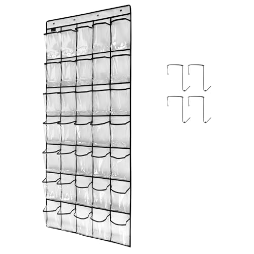 1 Pack 35 Clear Crystal Pockets Large Hanging Shoe Organizer Over The Door Shoe Rack for Closet Door Storage Shoe Holder Hanger, 4Hooks, white (67.7'' x 26.4'')