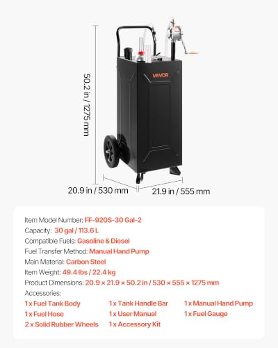 30 Gallon Fuel Gas Caddy, Carbon Steel, Portable Fuel Transfer Storage Tank with Manual Pump & 2 Wheels, Gasoline Diesel Can Container, for Cars, Lawn Mowers, ATVs, Boats, Motorcycles, Black - view 7