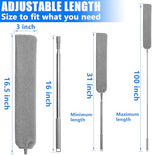 100 inches Retractable Gap Dust Cleaner Cleaning Tools with 4 Microfiber Dusting Cloths Long Handle, Washable and Retractable Duster Brush for Cleaning Under Appliances Furniture Couch Fridge - view 2