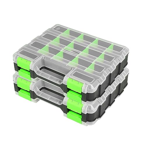 Tool Box with Transparent Lid, Double Side 34-Compartments Organizer Box with Removable Dividers for Hardware, Screws, Bolts, Nails, Beads, Jewelry and Fishing Accessories, Green, 2 Packs