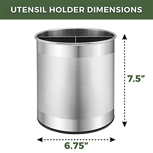Extra Large Stainless Steel Kitchen Utensil Holder - 360° Rotating Utensil Caddy - Weighted Base for Stability - Countertop Organizer Crock With Removable Divider (Brushed Stainless Steel) - view 6