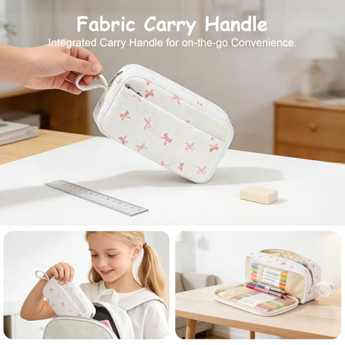 Large Capacity Cute Pencil Case, Aesthetic Pen Pouch, White with Pink Bow Pattern Pencil Bag, Kawaii Stationery Storage and Organizer, Supplies for Teen and Adult Girls - view 5