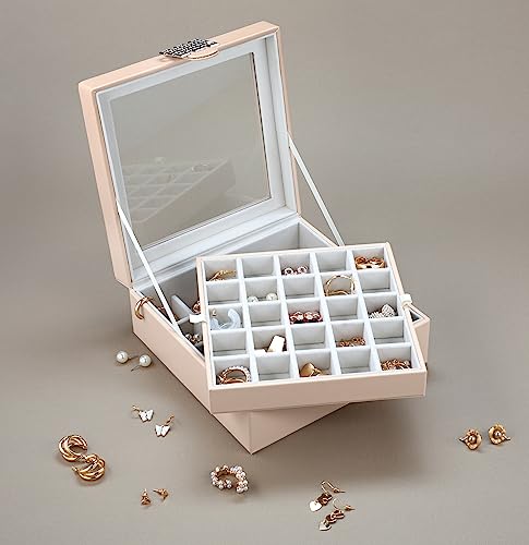 Co Earring Organizer - Classic 50 Section Jewelry Box/Case/Holder for Earrings, Rings, Necklaces, Jewelry, Cufflinks or Collections -2 Layer Small Compartments with Large Glass Top - Sand - view 5