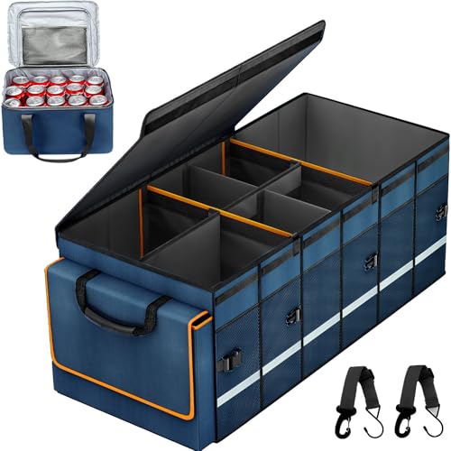 Car Trunk Organizer and Storage with Removable Leakproof Cooler Bag, 6 Removable Dividers for Custom Space, Collapsible Trunk Storage with Non Slip Bottom, Foldable Cover for SUV, Jeep, MPVs