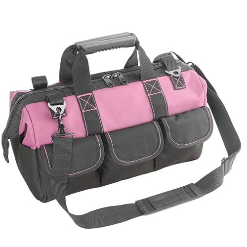 Garden Tools Bag 16inch Wide Mouth Women's Tool Bag with Molded Base and Plastic-Padded, Inside Pockets for Tool Storage,600D polyester fabric (Pink color)