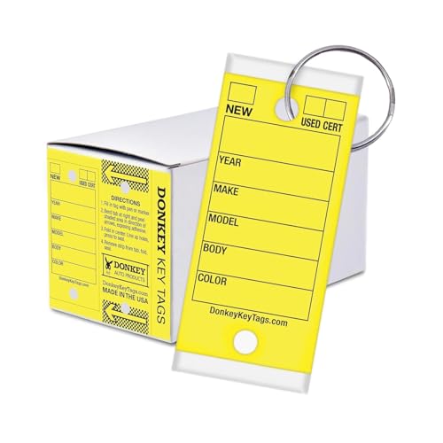Donkey Key Tags, Laminated Self-Protecting (250 Tags Per Box with Metal Rings) (Yellow)