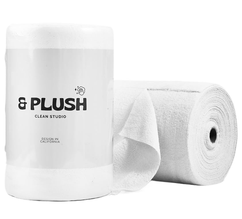 & PLUSH Microfiber Cleaning Cloth Roll - 100 Pack, Tear Away Microfiber Towels, 12" x 12", Reusable, Washable, Streak Free, Ultra Absorbent Dish Rags for Car, Home, Garage or Shop (White)