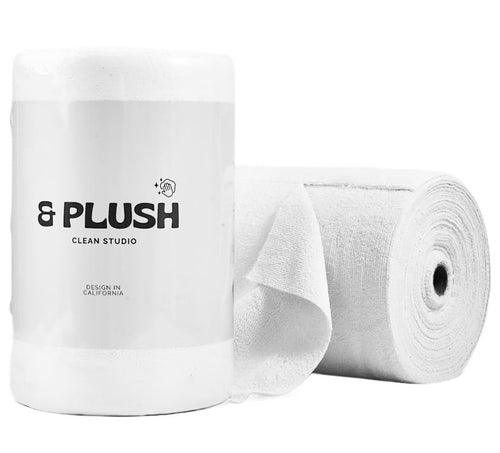 & PLUSH Microfiber Cleaning Cloth Roll - 100 Pack, Tear Away Microfiber Towels, 12" x 12", Reusable, Washable, Streak Free, Ultra Absorbent Dish Rags for Car, Home, Garage or Shop (White)