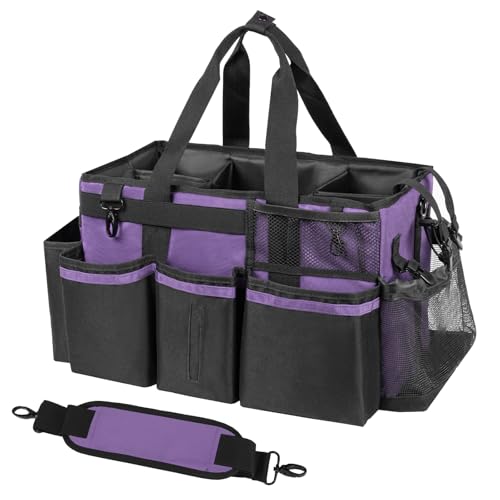 Wearable Cleaning Caddy, Cleaning Caddy Supplies Organizer with Handle & Shoulder Straps for Housekeepers, Under Sink & Car Cleaning Tool Organizers Bag with 4 Foldable Divider (Purple)