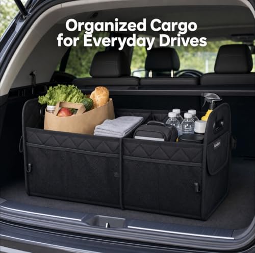 Car Organizer Caddy Oxford Quilted Trunk Organizer, Waterproof Storage Tote with Handles for Front Seat, Backseat, SUV, Truck, Van, Black - view 5