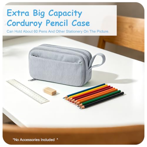 Grey Corduroy Pencil Case, Large Capacity Zipper Pouch, Gray, Casual Style, Supplies Organizer for Teen Girls and Boys - view 6
