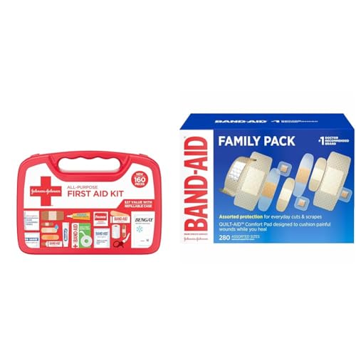 All-Purpose Portable Compact First Aid Kit for Minor Cuts & Band-Aid Brand Adhesive Bandage Family Variety Pack