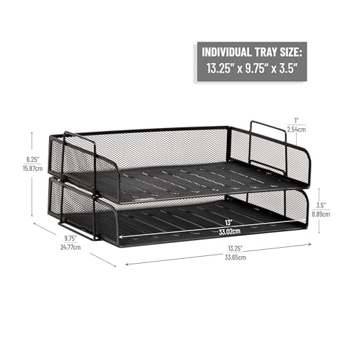 Stackable Paper Tray, Desktop Organizer, File Storage, Office, Metal Mesh, 2 Pcs., Black - view 3