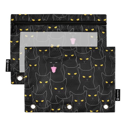 Black Cat Print Print Pencil Pouch for 3 Ring Binder Pencil Bags with Clear Window Pencil Case for Organization Office Supplies 2 Pack