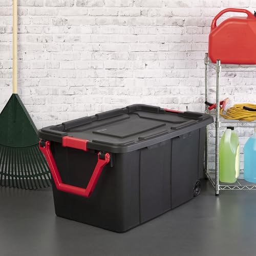 Industrial Storage Tote with Wheels, Black, 40 Gallon, Heavy Duty Plastic Container, Handle and Latches, 36.75x21.38x18 Inch, Set of 2 - view 6