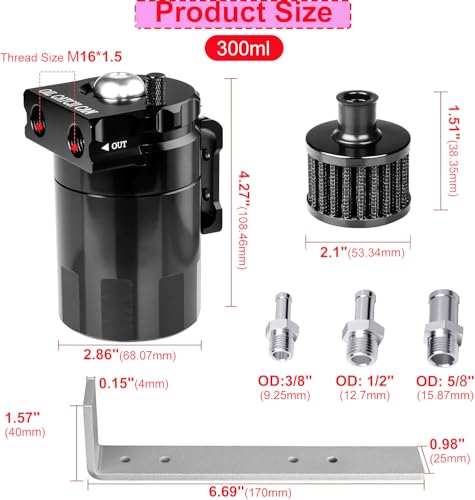 Oil Catch Can, 300ML Baffled Oil Can with Breather Filter, Universal Aluminum Air Oil Separator Breather Tank with 3/8" ID Fuel Hose Kit,Crankcase Ventilation System for Car Engine Protection - view 2