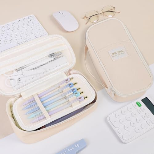 Beige Pencil Case for Girls & Boys – Large Capacity Zippered Pencil Pouch with Multi-Compartment, Aesthetic Pencil Bag for School & Office Supplies - view 3