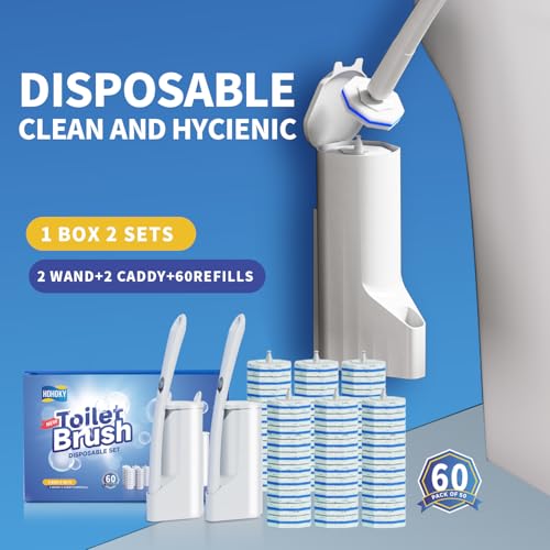 Disposable Toilet Brush Cleaning System, Two Sets of Wands and 60p Refills Pads Replacement Heads, Wall Mounted Toliet Stick Starter Kit Bathroom Maintenance, Toilet Bowl Cleaner Holder - view 2