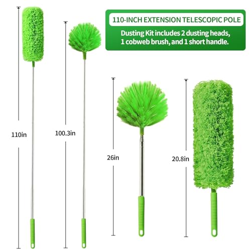 Cobweb Duster with Extension Pole, Washable Cleaning Duster Kit with 3 Duster Heads, Cobweb Duster, Corner Brush, Aluminum Telescoping Pole for high Ceiling Fan，Spider Web Brush with Extension Pole - view 2