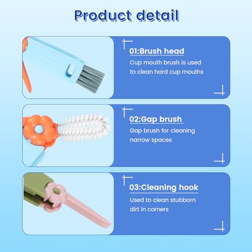 6pc 3 in 1 Cup Lid Cleaning Brush Set, 180° Rotatable Multifunctional Crevice Cleaner for Water Bottle Tumbler Baby Bottle, Cup Lid Gap Brush with Soft & Firm Bristles + Pick, 6 Pack - view 6