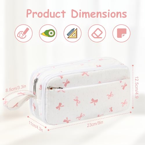 Large Capacity Cute Pencil Case, Aesthetic Pen Pouch, White with Pink Bow Pattern Pencil Bag, Kawaii Stationery Storage and Organizer, Supplies for Teen and Adult Girls - view 6