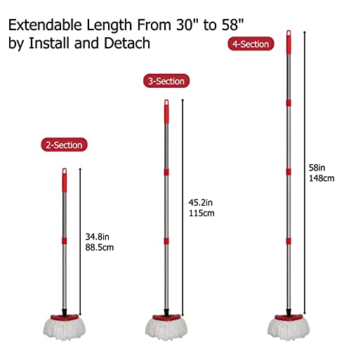 Spin Mop Replacement Handle - 4-Section 30" to 58" Mop Handle Replacement Stick Compatible with O-Ceda Spin Mop, EasyWring Mop Handle for Floor Cleaning(Mop Head&Base not Include) (Red) - view 3