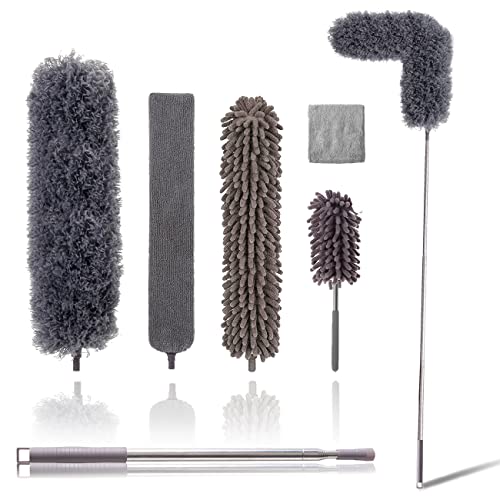 Upgraded Dusters for Cleaning (6pcs), Ceiling Fan Duster with 100" Thickened Extension Pole, Extendable Long Microfiber Duster for High Ceilings, Reusable & Washable Dusting Wand