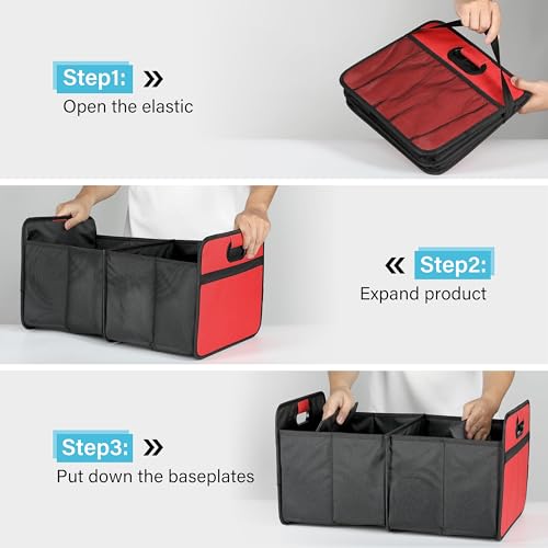 Car Trunk Organizer, 2 Compartments Collapsible Trunk Storage, Anti-slip Design, Made of Waterproof 600D Oxford Polyester, Suitable for SUV, Minivan, Standard Size, Red, 2 Pack - view 3