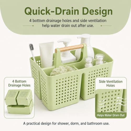 Portable Shower Caddy Basket with 3 Compartments and Handle, Grass Green - view 5