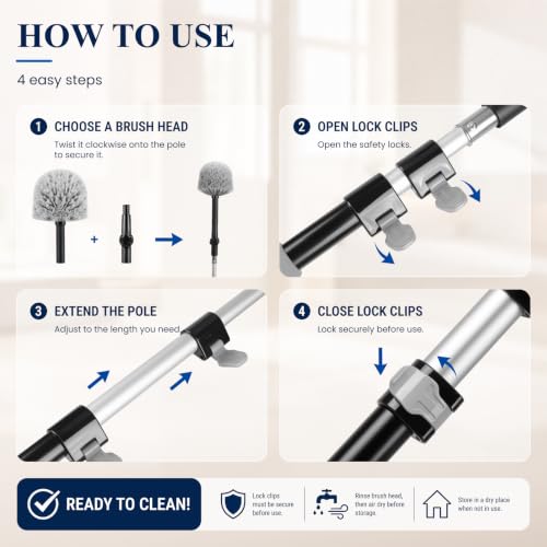 Cobweb Duster Kit with Extension Pole, 110-Inch Reach High Ceiling Fan Duster, Spider Web Brush with Telescoping Pole, Bendable Microfiber Duster for Wall Edges, Corners & Hard-to-Reach Areas - view 6