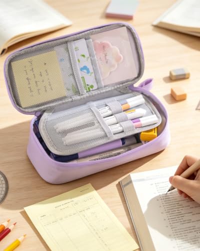 Durable Pen Pencil Case Big Storage Pen Pouch Bag for School Supplies Office College Teen Girls Adults, Purple - view 5