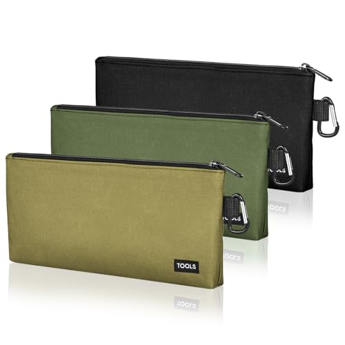 3 Pcs Zipper Tool Pouches, Flat Bottom Utility Bags with Carabiners