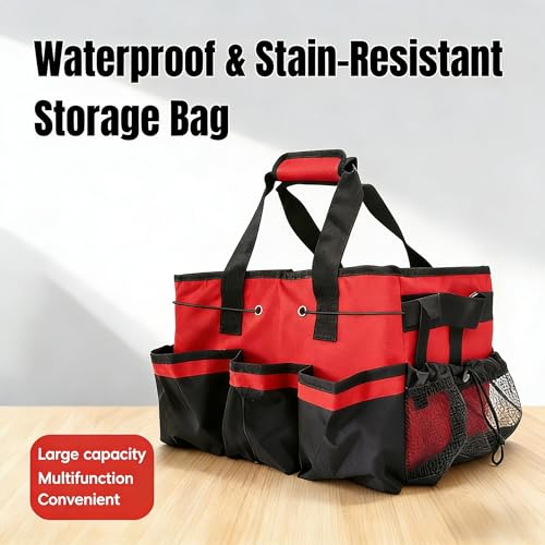 Tool Organizer Tote Bag, Pink and Black, Large Capacity with Adjustable Compartments, Portable Cleaning Storage Caddy, 14.96x10.63x9.06 Inches (Red) - view 5