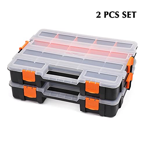 2PCS Toolbox Organizer Sets, 20 Removable Dividers, Durable Plastic Box, Excellent for Screws, Nuts, Small Parts, 34-Compartment, Black/Orange, 2 Pieces Set - view 2
