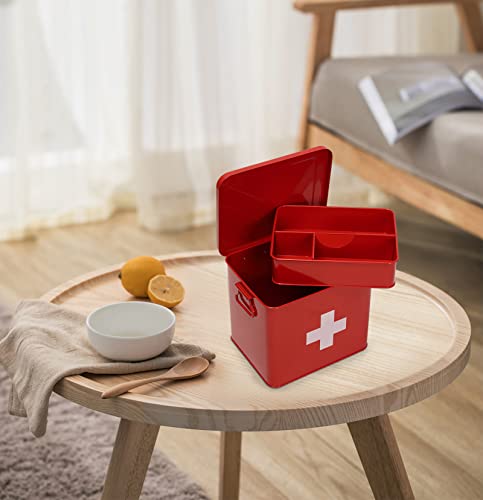First Aid Kit, First Aid Medicine Supplies Bin - 2-Tier Metal Medicine Storage Tin, First Aid Box with Removable Tray for Home Emergency Tool Set-Red - view 6