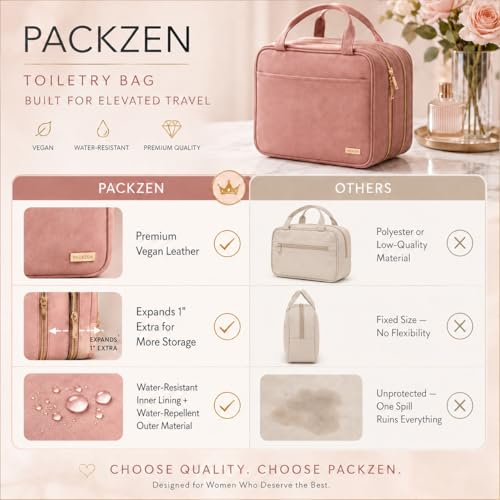 Pink Hanging Travel Toiletry Bag for Women, Large Makeup Bag and Cosmetic Organizer, Soft-touch Vegan Leather, TSA Approved Clear Pouch, Gifts for Women - view 2