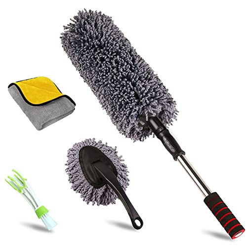 Ultimate Car Duster Kit，Best Microfiber Multipurpose Duster,Interior &Exterior Cleaning Tools,Dashboard Detailing Brush,Scratch Lint Free,Pollen Removing,extendable Handle,Tuck,SUV,RV,Set of 4