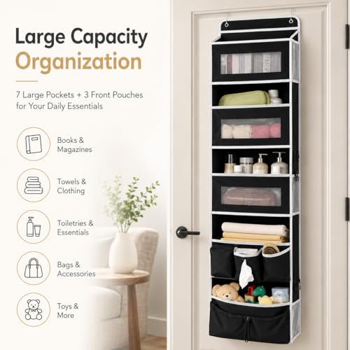 Over Door Hanging Organizer, 5 Pockets, 50 lbs Capacity, Black - view 4