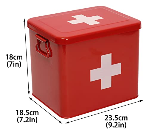 First Aid Kit, First Aid Medicine Supplies Bin - 2-Tier Metal Medicine Storage Tin, First Aid Box with Removable Tray for Home Emergency Tool Set-Red - view 3