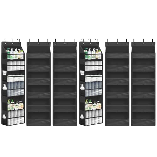 Over Door Organizer with 6 Extra Large Pockets 12 Side Pockets, Sturdy Closet Storage Rack, Hanging Storage Organizer with Clear Window for Shoes, Diaper, Bedroom, Bathroom, Black, 6-Pack