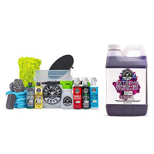 CWS20764CW 14-Piece Arsenal Builder Car Wash Kit W/Foam Gun, Bucket & 5-16 oz Car Care Cleaning Chemicals (Works w/Garden Hose) + Extreme Bodywash & Wax Foaming Car Wash Soap 64 oz
