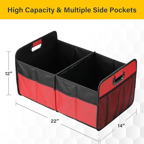 2 Compartments Car Trunk Organizer, 600D Waterproof Oxford Polyester Car Storage, Anti-slip 14" D x 22" W x 12" H Collapsible Trunk Storage, Suitable for SUV, Minivan, Truck, Red - view 3