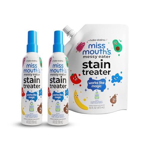 Messy Eater Stain Treater - 4oz 2-Pack Spray & 16oz Refill Pouch - Laundry Spot Cleaner for Baby Clothes, Carpet & Fabric