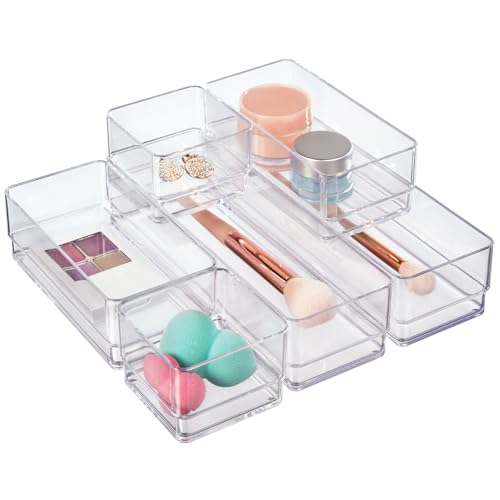 SimpleSort Drawer Organizer Bins 6 pc Set, Multi-size, Bathroom Organizers and Storage, Makeup Organizer, Desk Organizer, Vanity Organizer, Clear Organizing Containers, Made in USA