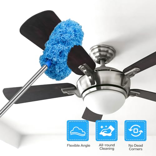 Ceiling Fan Cleaner Duster Reusable Microfiber Ceiling Fan Blade Cleaner Removable Duster with Extension Pole Adjusts 13 to 49.7 Inch for Cleaning Walls Bookshelves Furniture Door Window Top (Blue) - view 2