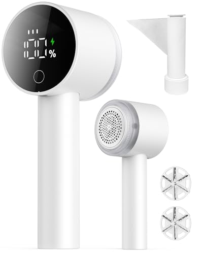 Fabric Shaver, 2 in 1 Rechargeable Sweater Shaver with Lint Roller, Magnetic Cap, Digital Display, 2 Extra Blades, Defuzzer for Clothing Furniture Couch