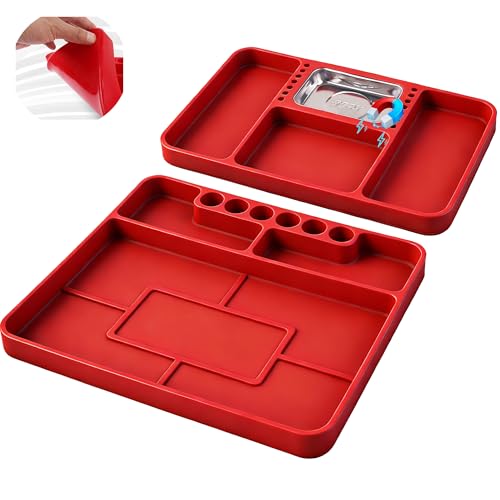 Premium Silicone Tool Tray, Automotive Non-Slip Flexible Silicone Tool Trays, Tool Organizer | 2 Piece Multi Purpose Mats with Magnetic Small parts Tray
