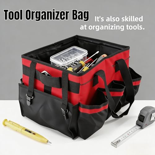 Tool Organizer Tote Bag, Pink and Black, Large Capacity with Adjustable Compartments, Portable Cleaning Storage Caddy, 14.96x10.63x9.06 Inches (Red) - view 3