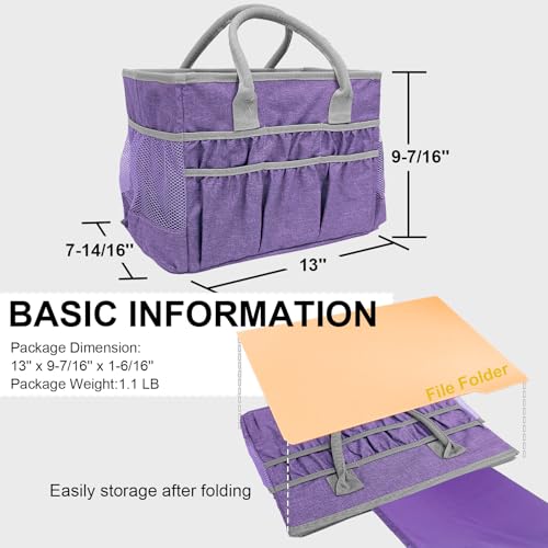 Craft Organizer Tote Bag – Craft Caddy with 2 Mesh Side Pockets & Front Elastic Pockets, Foldable Large Capacity Supply Storage Bag for Sewing, Knitting, Painting, and Travel (Purple) - view 5